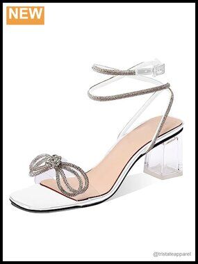 Rhinestone Bow Block Heel Sandals Square Toe Ankle Strap Wedding Heels